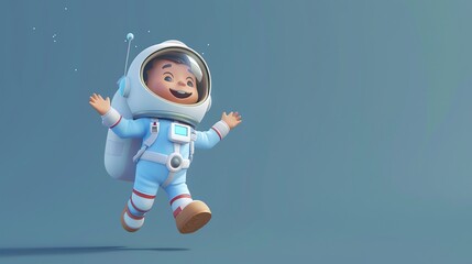 Wall Mural - A cartoon astronaut in a blue spacesuit smiles and floats in space.