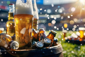 Wall Mural - Tailgate Party Banner with Ice-Cold Beers in a Stadium Setting for Promotional Design