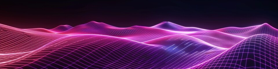 Wall Mural - Dark minimalist background with a neon wave grid, softly glowing and giving a futuristic feel