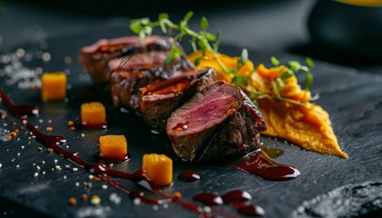 Poster - Luxury chef s signature fine dining cuisine grilled wagyu beef with pumpkin cream sauce artfully presented on a dark background Halal dessert and pastry options