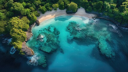 Sticker - Aerial view of a tranquil lagoon, with shallow, turquoise waters and a white sandy bottom, perfect for swimming and snorkeling. Generative AI.