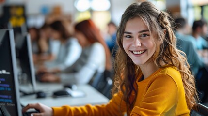 Wall Mural - During computer class, a contented mid-adult female student is taking notes while glancing at the camera.