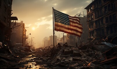 American Flag Flying in Destroyed City