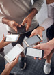 © peopleimages.com - Phone, screen and hands of people in group for networking on social media, mobile app or internet. Technology, mockup and friends in circle with above for connectivity, contact or notification.