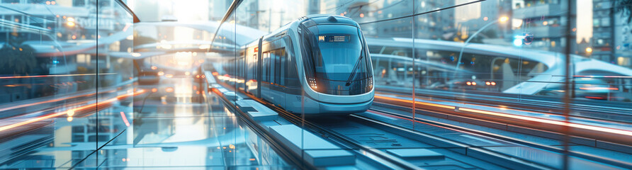 Aufkleber - Minimalist, unmanned aerial vehicle, smart tram of the future, future tram traveling on a future intersection overpass. Generative AI.