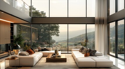 Private modern luxury living room with a height of 4.5 meters, facing a whole wall of extra-large floor-to-ceiling windows, comfortable designer sofas, coffee tables with forest view. Generative AI.