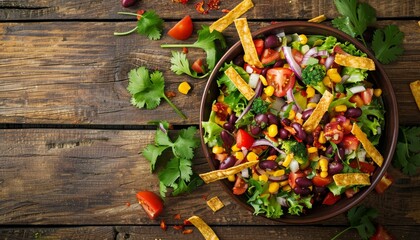 Wall Mural - Mexican style vegetable salad with beans corn tomato and bell pepper served in a bowl topped with baked tortilla strips photographed from above on a wooden surf
