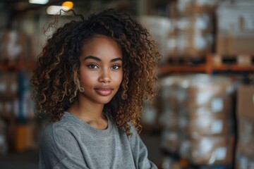 a woman with curly hair stands confidently in a warehouse setting, signifying empowerment, professio