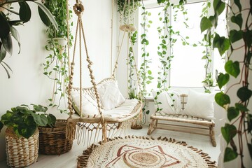 Poster - Cozy boho style balcony interior design with swinging chair, natural decoration and potted green plants