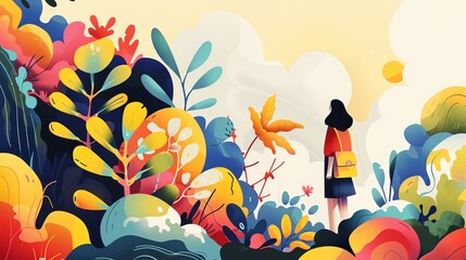 Canvas Print - A stylized illustration of a woman with long black hair standing in a colorful garden, gazing out at a bright, sunny sky.