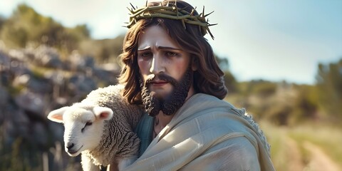 Wall Mural - Image of Jesus as Good Shepherd carrying lost lamb symbolizing care. Concept Religious Symbolism, Christianity, Good Shepherd, Lost Lamb, Caring Gesture