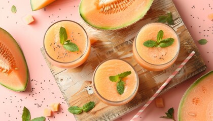 Sticker - Pink background with glasses of melon smoothie and mint on a wooden board