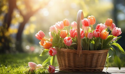 Wall Mural - Basket of Pink and Orange Tulips in a Sunny Garden