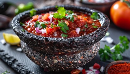 Poster - Red sauce made in a stone molcajete from Mexico
