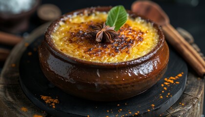 Wall Mural - Rice pudding cooked in clay pot ready to serve on black board