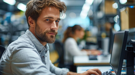 Wall Mural - Employee male working on computer at modern office. Generative AI.