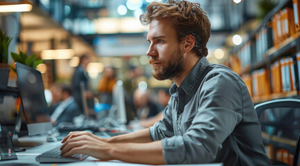 Aufkleber - Employee male working on computer at modern office. Generative AI.