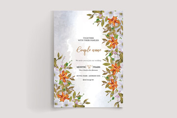 Wall Mural - WEDDING INVITATION FRAME WITH FLOWER DECORATIONS AND FRESH LEAVES 