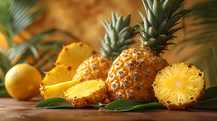 Wall Mural - Fresh Pineapples and Slices on Wooden Table with Tropical Background and Green Leaves