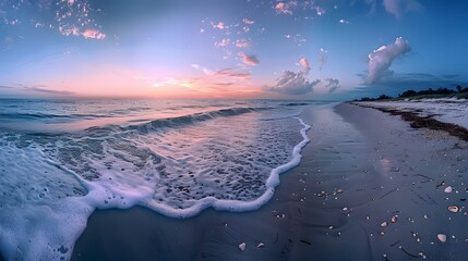 Wall Mural - a serene beach scene at dusk, with the sky transitioning from blue to shades of lavender and peach. 