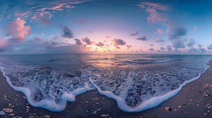 Wall Mural - a serene beach scene at dusk, with the sky transitioning from blue to shades of lavender and peach. 