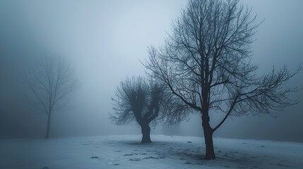 Canvas Print - Dark trees silhouettes in misty winter background. Mysterious winter scene. Winter depression, loneliness concept