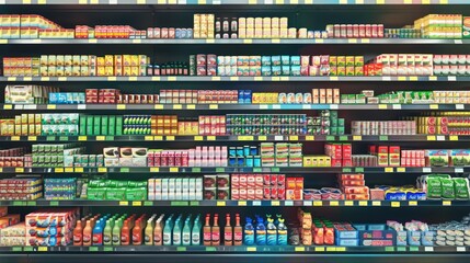 Wall Mural - A retail shelf in a grocery store aisle filled with a variety of food and drinks. Different bottles with yogurt, juices and other dairy row.