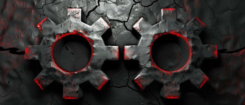Two rusty metal gears on dark cracked stone background, heavy machinery grungy