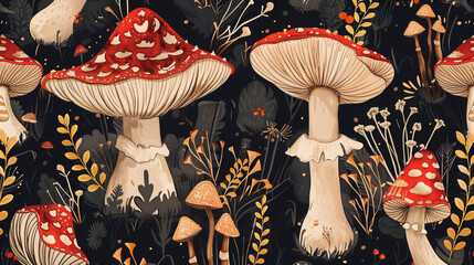 Wall Mural - A universal pattern with a mushroom motif, perfect for wallpapers, fabrics and backgrounds. Its subtle details and natural colors create a pleasant atmosphere, giving the interior warmth and character