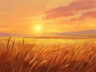 Wall Mural - A picturesque landscape of a golden wheat field at sunset