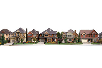 Row of detailed miniature model houses. Suburban neighborhood isolated on white background