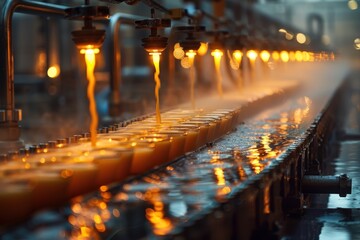 Wall Mural - Molten liquid is being poured into molds on a highly organized industrial assembly line, highlighting the precision and intensity of manufacturing processes.