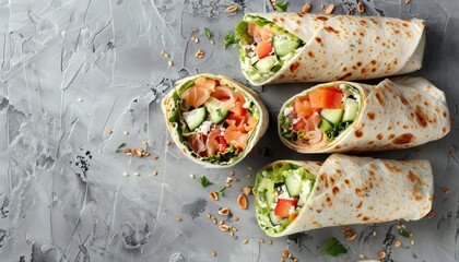Poster - Top down view of a salmon and vegetable wrap on a grey surface