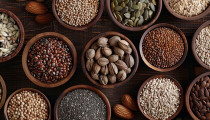 Wall Mural - Top down view of wooden bowls filled with natural food seeds nuts and background