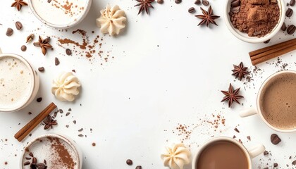 Wall Mural - Top view of a decorative hot chocolate line for dessert isolated on a white background