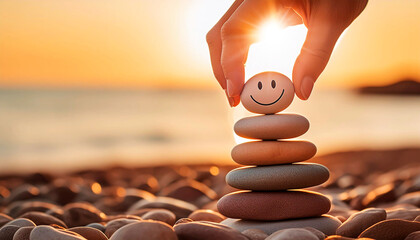 Close-up of a hand placing a pebble with smiling face on top of a balanced stack of pebbles on the beach at sunset or sunrise. Enjoying Life Concept. Harmony and Positive Mind. Generative Ai.