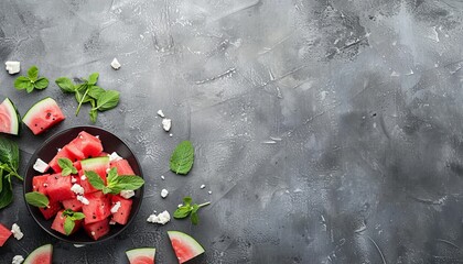 Sticker - Top view of watermelon salad with feta cheese fresh mint on gray table