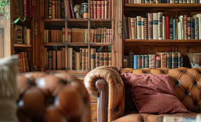 Poster - UK home setting with blurred books on wooden bookcase and leather sofa in foreground