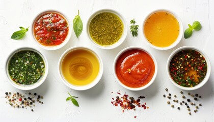 Wall Mural - Various delicious sauces in bowls viewed from above on a white background