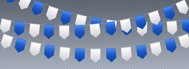 Wall Mural - Bunting flags, carnival party flags, white and blue festive pennants hanging on a rope. Festival vector decoration.