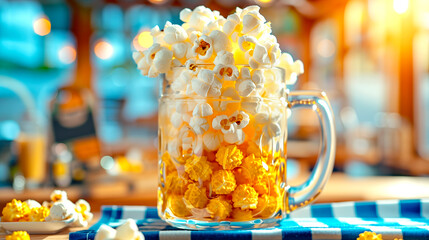 Wall Mural - White and yellow popcorn in a beer mug. Hyper-realistic photo, high quality.