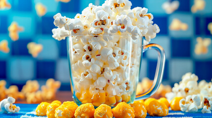 Wall Mural - White and yellow popcorn in a beer mug. Hyper-realistic photo, high quality.