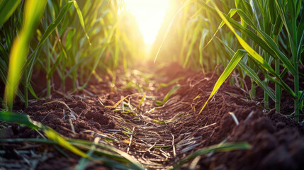 Wall Mural - Close up of sugarcane field, sun shining through the leaves, green sugarcane stalks growing