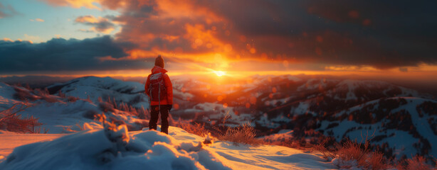 A tourist on the top of a mountain, a man enjoying the view of the sunset. Winter landscape. Bokeh effect. AI generative