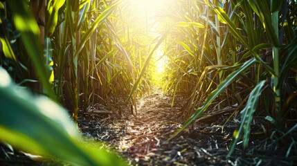 Wall Mural - Close up of sugarcane field, sun shining through the leaves, green sugarcane stalks growing