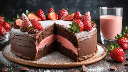 Photograph a decadent chocolate cake with a slice cut out, showing the rich