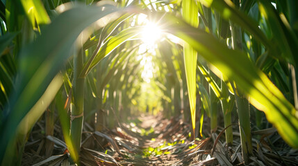 Wall Mural - Close up of sugarcane field, sun shining through the leaves, green sugarcane stalks growing