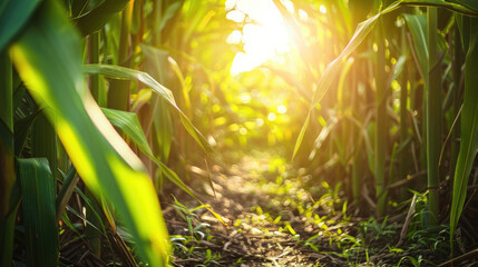 Wall Mural - Close up of sugarcane field, sun shining through the leaves, green sugarcane stalks growing