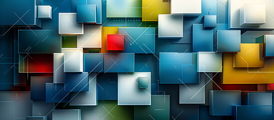 Wall Mural - Modern geometric design with blue, green, white, red, and yellow elements forming a dynamic background. 32k, full ultra HD, high resolution.