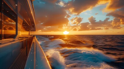 Wall Mural - The yacht, overlooking the ocean at sunset with dramatic clouds and waves crashing against it's hull, a photo taken from inside looking out to sea, the sun setting across the water.